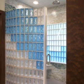 Glass Block Shower with Aquamarine and Neutro