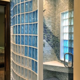 Glass Block Shower with Aquamarine and Neutro